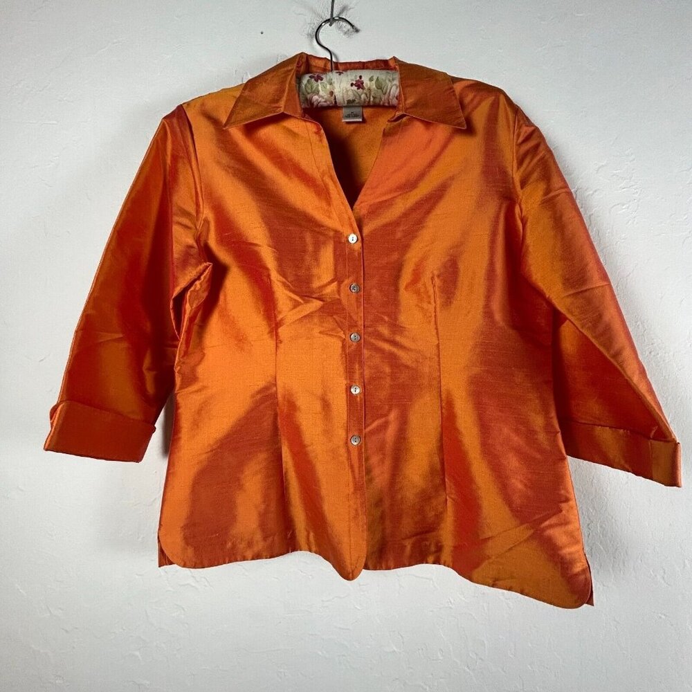 S.L.B. Womens Blouse Top Medium Golden Orange 3/4 Sleeve Silk Satin Lightweight